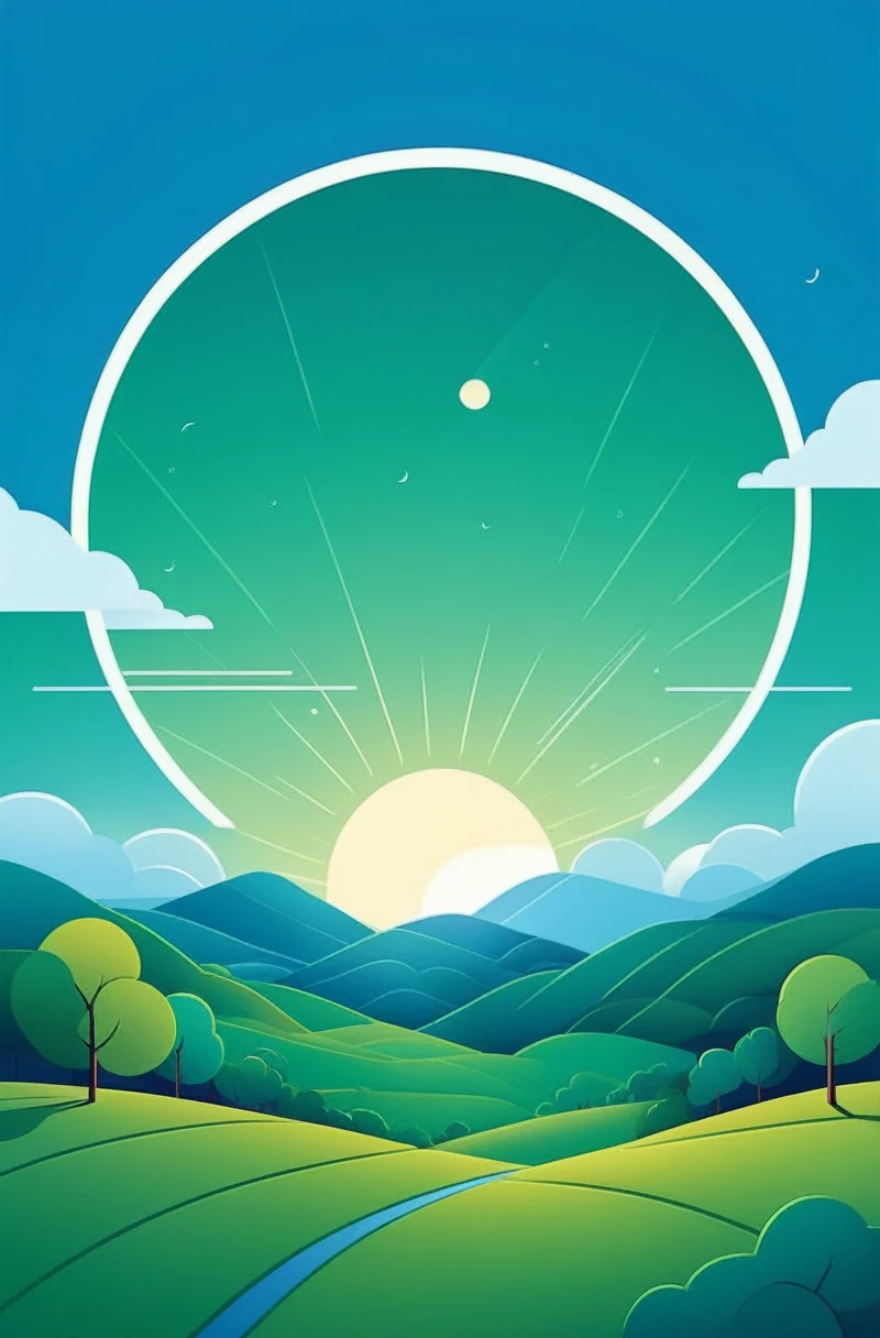 equinox：Sunlight shines through the sparse clouds on the green earth，The sky appears a bright and mild blue，All things are revived。Mobile wallpaper illustration,Nature views, Minimalist illustration, Line illustration, Colorful。circular composition，Flat illustration