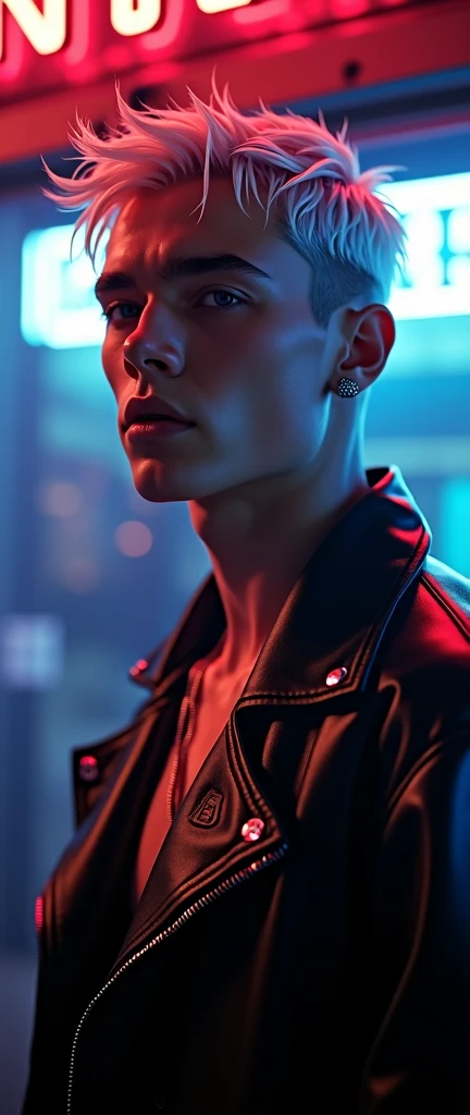 (Best Quality,4k,8k,High resolution,masterpiece:1.2),ultra detailed,sharp focus,(realist,photorealist,fotorrealista:1.37),Fotorrealist, low lighting, alone, Young man, 22 years, Pale skin, Model (skinny:1.3), (short layered platinum blonde hair:1.5), (black leather jacket:1.3), gothic punk clothing, incubus, sexy, (CNTX neon letters:1.4), strip club lighting, very detailed face bdsm background,extremely detailed facial features,hyper realist skin texture,extremely fine details,intricate details,
detailed eyes,detailed nose,detailed lips,Detailed facial expressions,intricate facial anatomy,intense lighting,dramatic lighting,lighting change,cinematic lighting,chiaroscuro lighting,dramatic shadows,dramatic moments,vivid colors,intense colours,Deep contrast,cinematic depth of field,cinematographic composition,cinematic camera angle