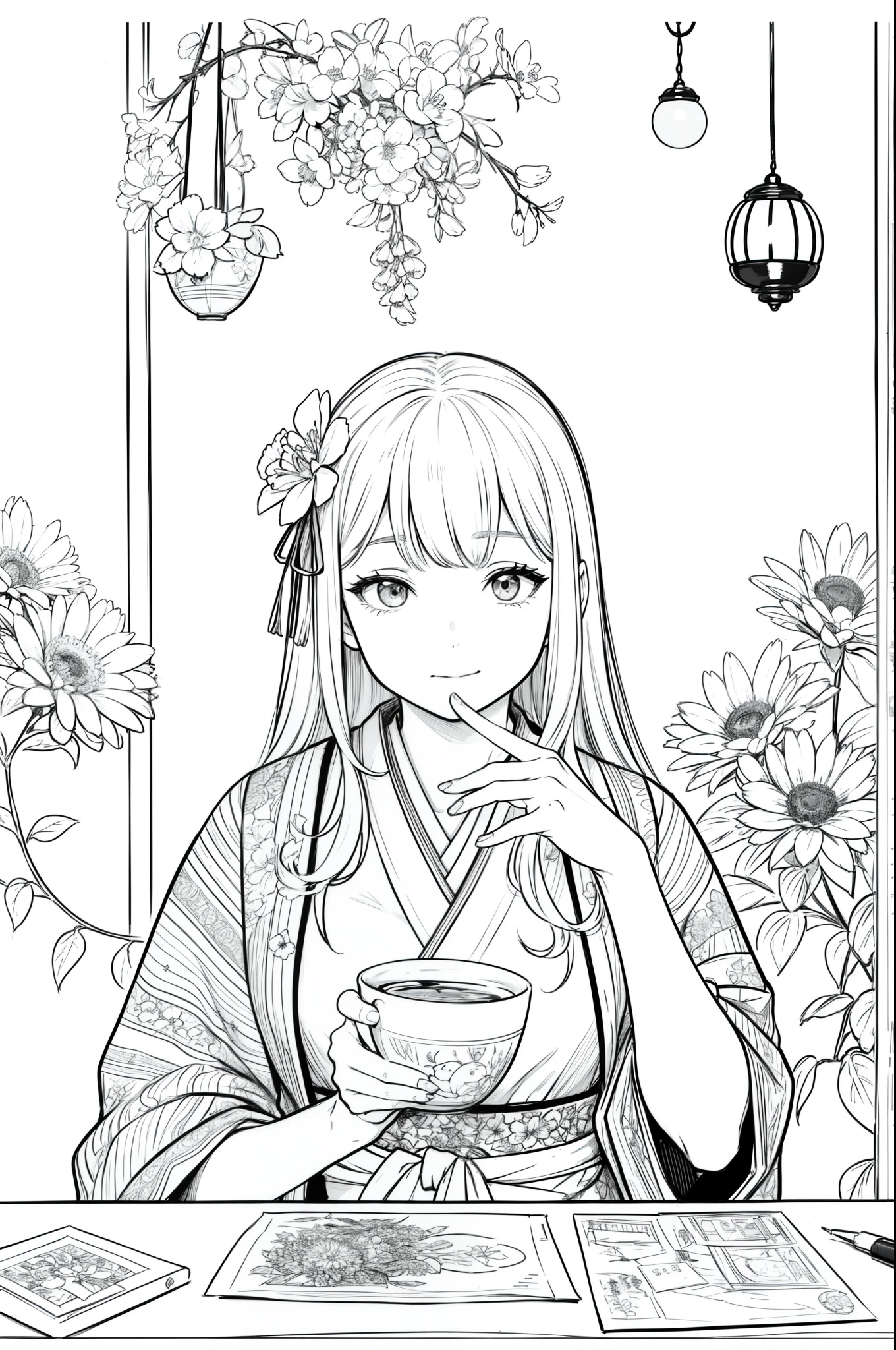 Masterpiece, top class, unique, cute, flowers, line drawing background, white background, monochrome, line drawing, ((sketch)), creepy, white eyes, create a monochrome coloring book that even adults can easily do, a realistic and cute ukiyo-e of a girl wearing a kimono making a collage with a tea room in the background where a hanging scroll can be seen, and a postcard placed on the table conveys Japanese culture.