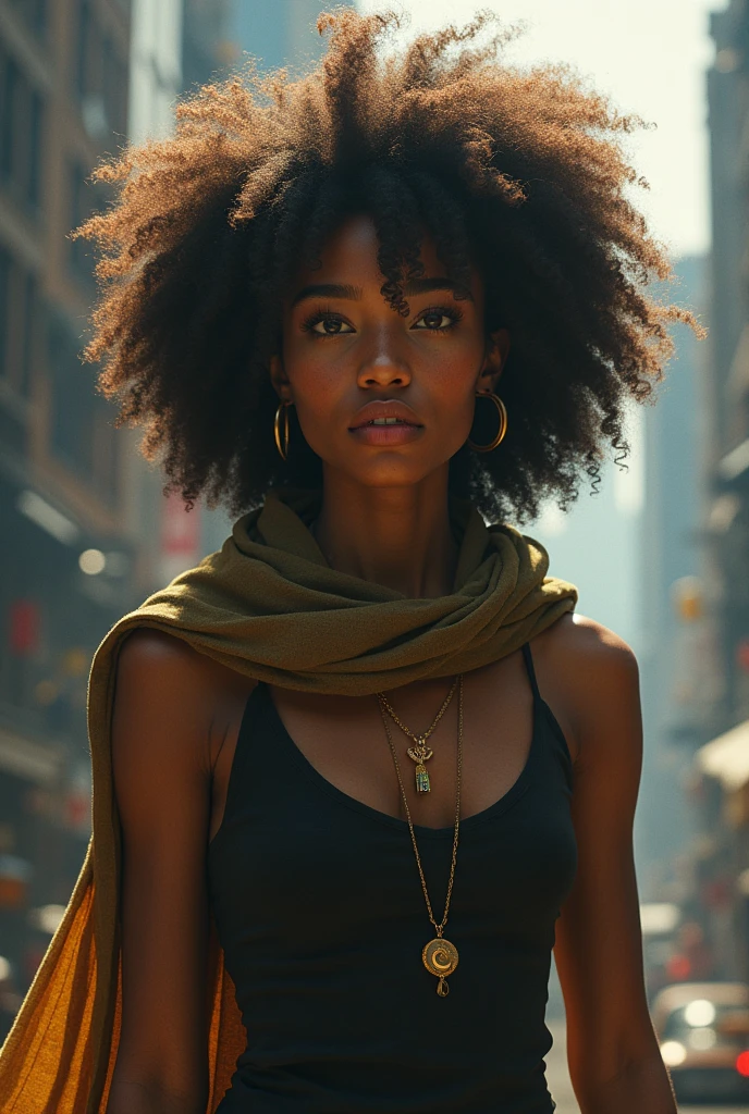Young girl of 24 with afro hair , light brown skin with the powers of raven and klaus