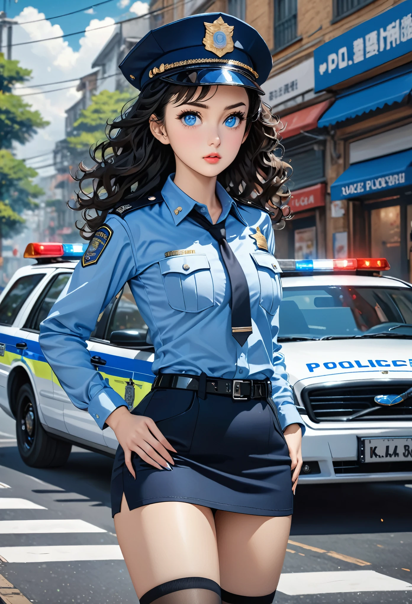 (masterpiece), best quality, expressive eyes, perfect face, policewoman, long hair, blue eyes, black hair, bare hips, medium breasts, parted bangs, short_pencil_skirt, knees, thighhighs, ((hyper detailed)), ((cowboy shot)), standing, 4k, detailed background, street, ((face focus)), (solo), (curly hair), forehead, police cap, police car, outdoors, arm at hip