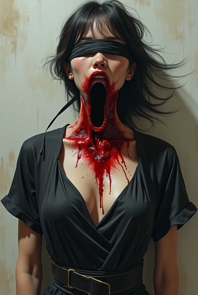 A very cute beautiful girls knife, cut throat A ninja blindfold neck bloody splash, full body, wide open throat, throat contents