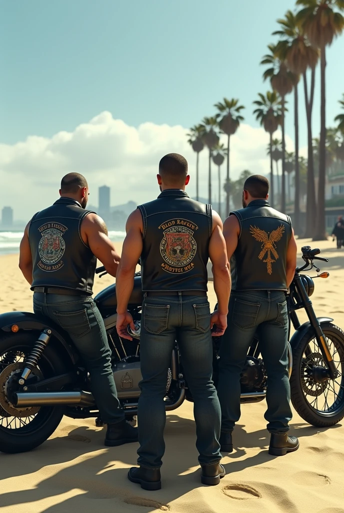 Create me a wide angle GTA 5 style image with not too muscular bikers in all black leather vests with no logo, one of them from behind in front of their bobber style motorcycles with their HQ called Blood Ravens MB on the beach in Los Angeles