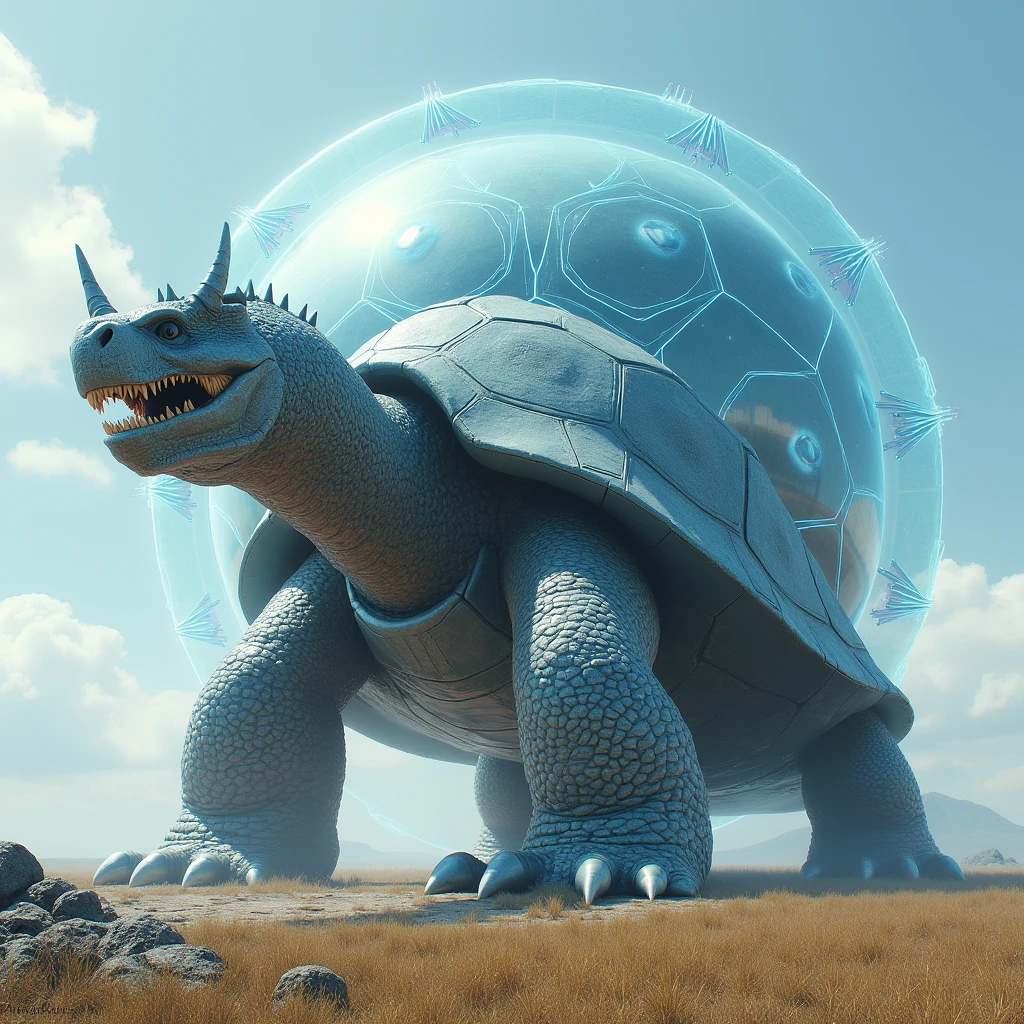 A giant dragon-like turtle,  3D Rendering, Ultra-fine detail, high quality, High resolution, 最high quality,Large photochemical barrier,A spherical barrier that covers the entire body of the turtle,AT Field,Electromagnetic Barrier,Blue Barrier、Distorting space，Geometric Shield，A barrier that covers the turtle and the entire base.，Military base on the back