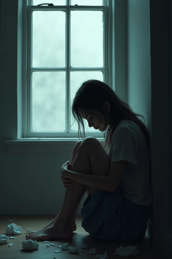 A woman crying near window