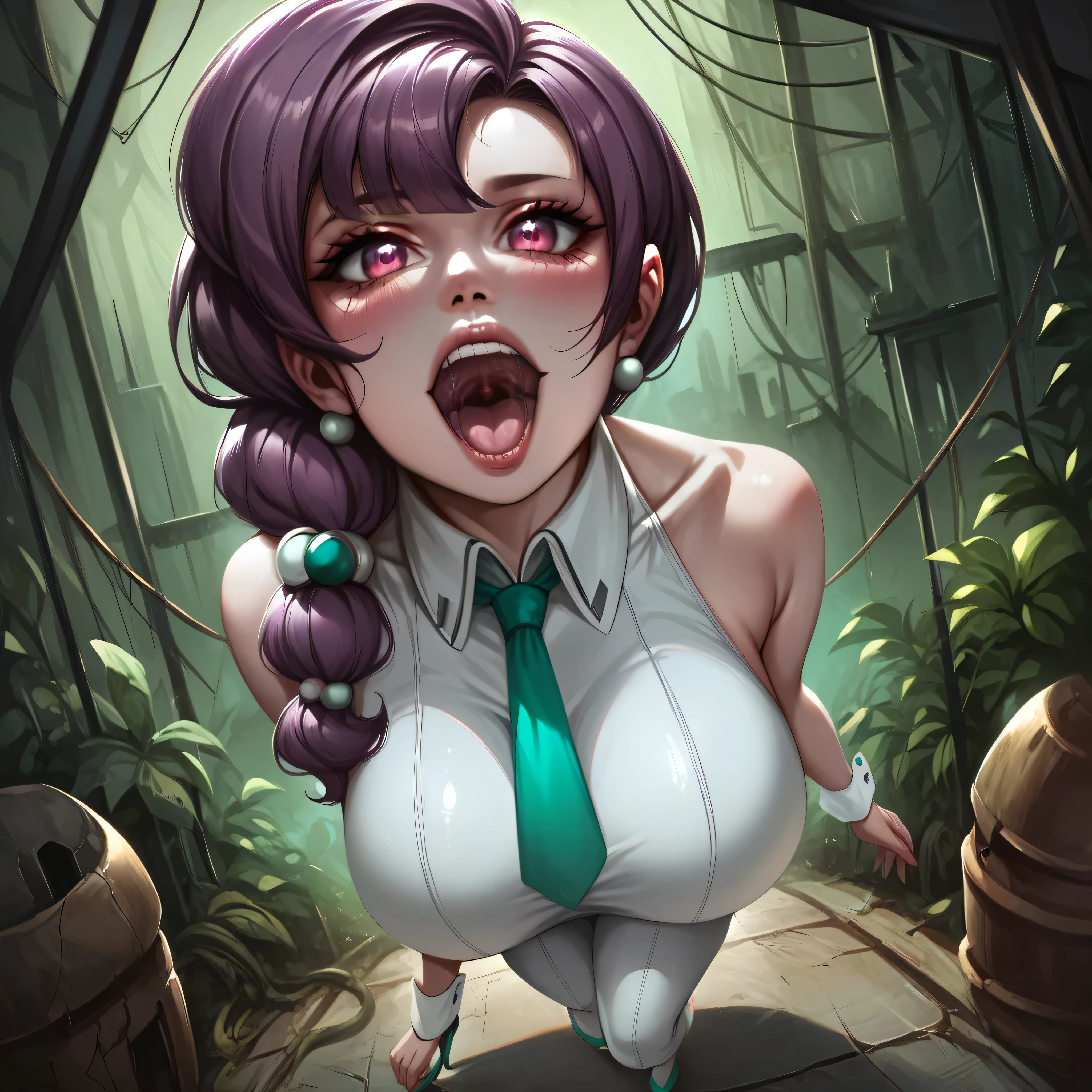 eve (stellar_blade), solo, bodysuit, necktie, abandoned cyberpunk city overgrown with plants, standing, looking at viewer, shiny clothes, skin tight, full body, bare shoulders, lips, green necktie, large breasts, wrist cuffs, shiny, sleeveless, high heels, BREAK , zPDXL, score_9, score_8_up, score_7_up, score_6_up, score_5_up, score_4_up, sugar belle, detailed face, mesmerizing eyes, high definition eyes, focus on face,  detailed mouth, mesmerizing mouth, high definition mouth, focus on face, best quality, detailed, absurd resolution, absurd detail, intricate details, vibrant colors, ultra-realistic,  open mouth,