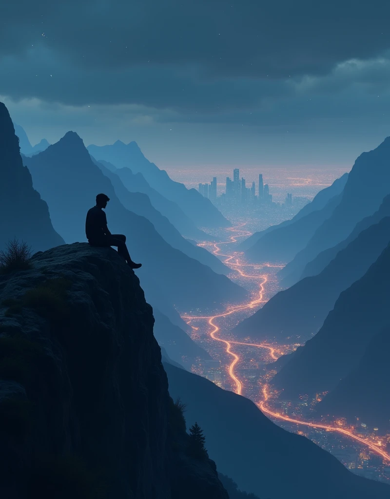 i made a slowed and reverb song can you generate a 3d animated thambnail for it a person sit on a side of mountain and in a background big building city and city glow in a night time