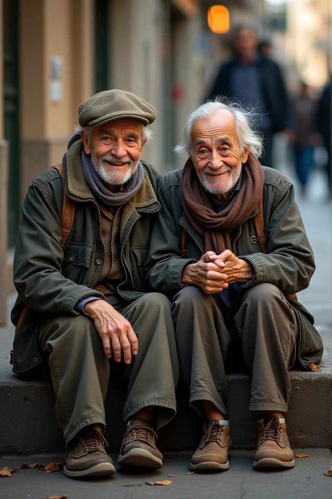  couples begging on the streets, their faces marked by the passage of time yet illuminated with genuine smiles. Despite their modest circumstances, they exude a serene contentment. Their smiles reflect a deep acceptance and appreciation for the simplicity of their lives, showcasing a resilient spirit and a profound sense of happiness rooted in their daily existence. Their demeanor offers a poignant reminder of the joy that can be found in embracing life's challenges with grace and gratitude