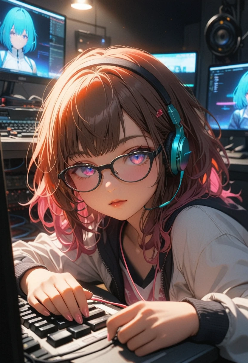 1 girl, ((Hacker girl)), cute girl, fluffy hair, light reflecting in the eyes, (detailed beautiful eyes), 
countless monitors, Keyboard, cables, earphones, glasses, dark room, 
((very detailed, ultra-high resolution, absurdres, highres, masterpiece, best quality, very aesthetic, fine texture, newest, perfect lighting, best shadow, sharp focus, high color saturation)), (anatomically correct, perfect hands), (professional photography), ((anime art style)), great lighting, 