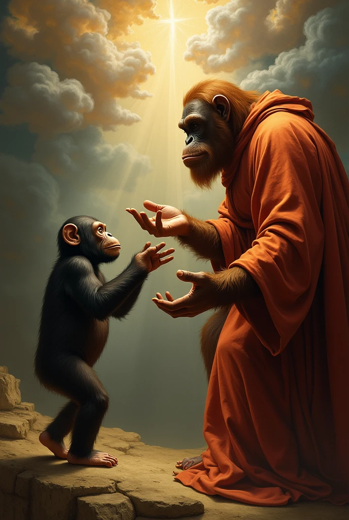an art in the Renaissance style of painting "creation of Adam" but in Adam's place a chimpanzee and in God's place an orangutan