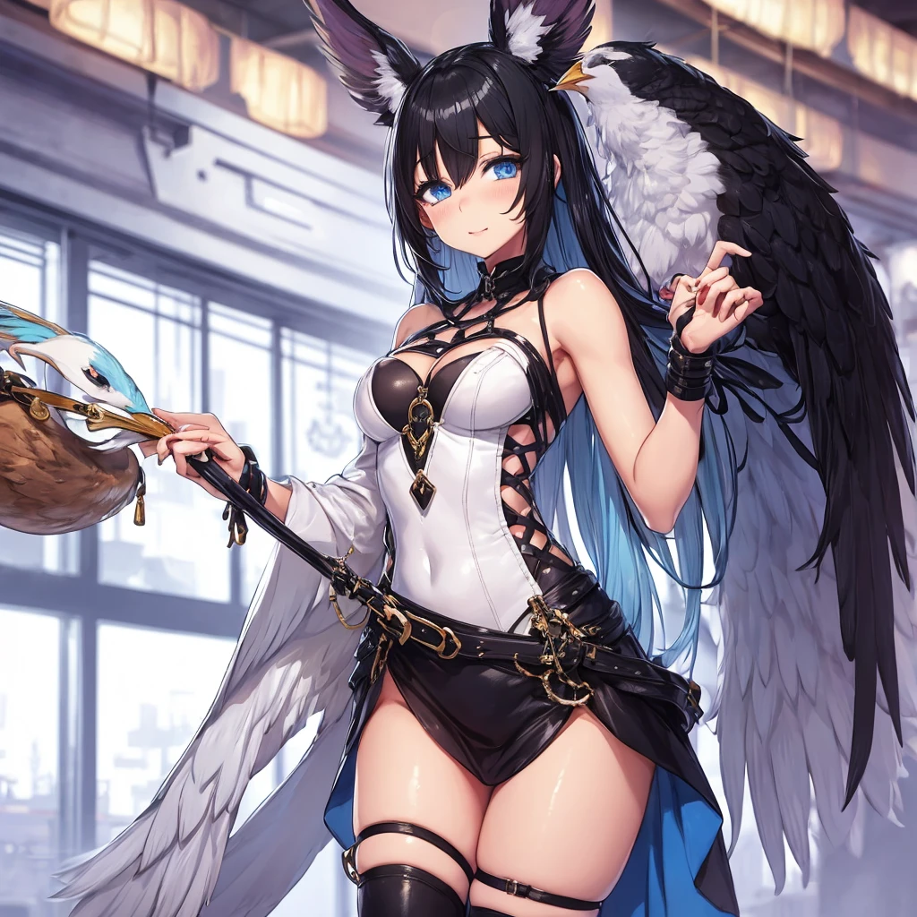 Solo, Score_9, score_8_up, score_7_up, kemono style, black hair, blue eyes, small cute black beak, avian, she is a white Anthro robin girl, white body, white arms and hands, black claws, standing, indoors, skimpy clothing, long tied skirt, leg exposed,