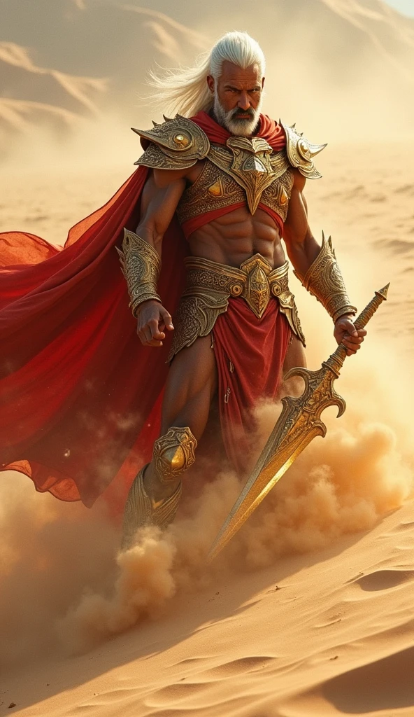 A powerful full-body action shot of "Desertrage," a tyrant who commands the sands. He is dressed in desert warrior armor, with a flowing red and gold cape made of fine sand that swirls around him. His skin is bronzed, and his eyes burn with a fierce intensity. In one hand, he wields a curved scimitar that seems to be made of glassy sand, and in the other, he controls a swirling sandstorm. The background is an endless desert, with dunes rising and falling as if alive, reflecting his control over the environment.