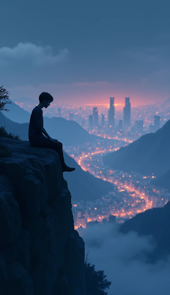 i made a slowed and reverb song can you generate a 3d animated thambnail for it a person sit on a side of mountain and in a background big building city and city glow in a night time