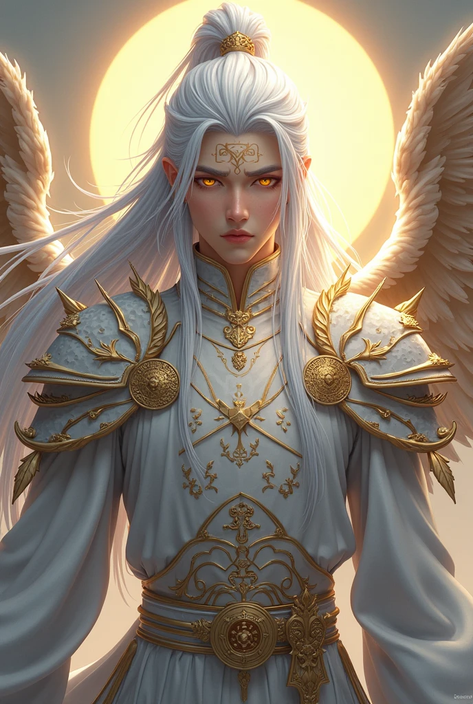 Handsome young xianxia protagonist,man,guy,full body,long silver hair, golden amber eyes combination ,eyes focus detailed((no noice)),(((no noice))),and long silver hair with white undertone,and the golden rune motiv scratched on his forehead((no noice)),use armour featuring like pattern on furr of white Tiger chinese with white dominant color,held ashura sword,sword wielder extremely detailed,pauldron protective shape like dragon head,breastplate featuring like white Tiger,breastplate detailed white Tiger shape,shoulder protective dragon shape like white Tiger,sun and moon background, white dominant color,white dominant color, white dominant color armour,with majestic silver line , ((no noice))And majestic golden wings at back,wings at back,terrifying aura around,24K ultra hd,face and eyes detail,lips and face detail,masterpiece ,better quality,ultraa realistic face((no noice)),good face proportion,eyes detailed,((perfect face)),perfect eyes ,perfect lips proportion((balance lips)),perfect face proportion,((balance proportion of face)),((balance and perfect left and right eyes proportion)),((masterpiece))