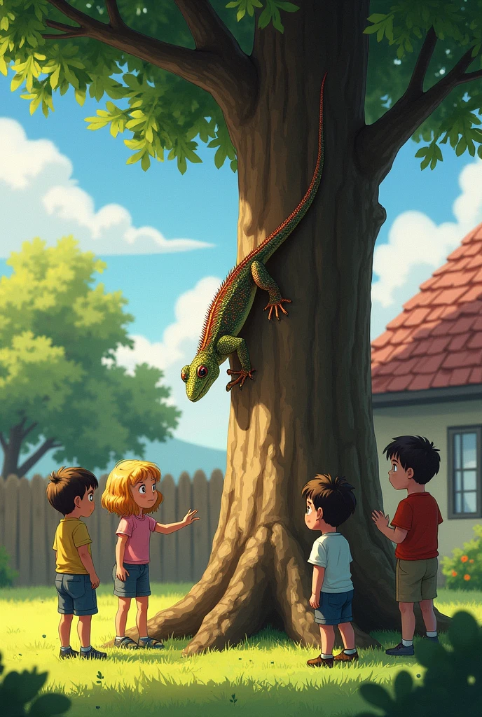 A lizard at the tree at the house and children was afraid