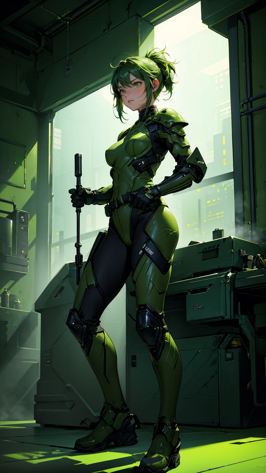 A beautiful, cute girl with a determined and fierce expression, dressed in a tactical green outfit that combines combat gear and stealth elements. Her outfit includes a green armored bodysuit with textured scales, tactical gloves, knee-high green boots, and utility belts filled with various gadgets and tools. She stands confidently in a dimly lit room filled with swirling green smoke, illuminated by a single overhead light casting dramatic shadows. The entire scene, including the background walls and fog, is infused with various shades of green, creating a bold, intense, and action-packed atmosphere