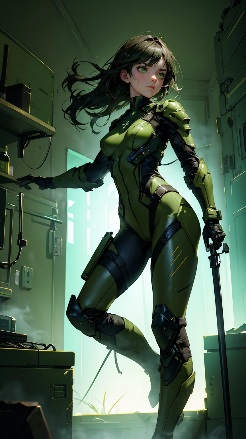 A beautiful, cute girl with a determined and fierce expression, dressed in a tactical green outfit that combines combat gear and stealth elements. Her outfit includes a green armored bodysuit with textured scales, tactical gloves, knee-high green boots, and utility belts filled with various gadgets and tools. She stands confidently in a dimly lit room filled with swirling green smoke, illuminated by a single overhead light casting dramatic shadows. The entire scene, including the background walls and fog, is infused with various shades of green, creating a bold, intense, and action-packed atmosphere