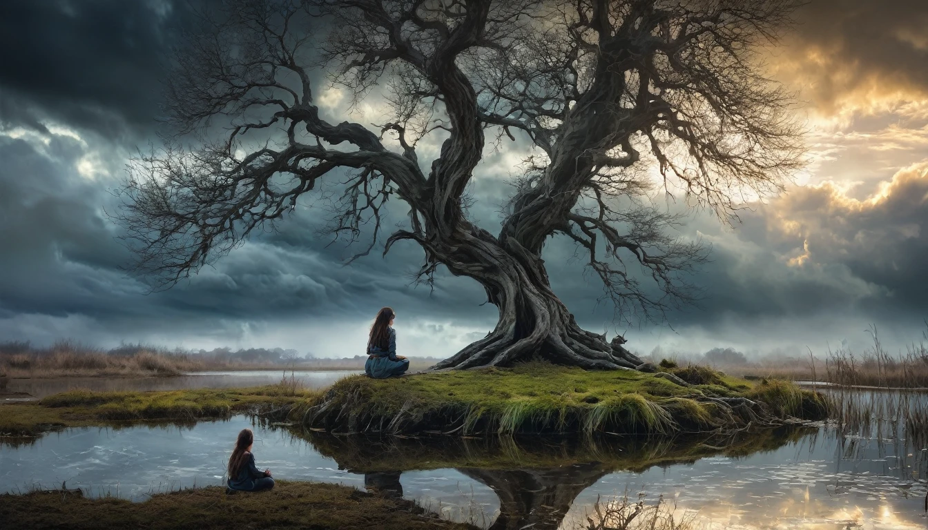 "((Mystical)) atmosphere, girl kneeling beside a pond, ((moody clouds)), ((twisted and gnarly tree)), ((dramatic lighting)), ((reflections in the water)), detailed painting, ((captivating composition)), masterpiece