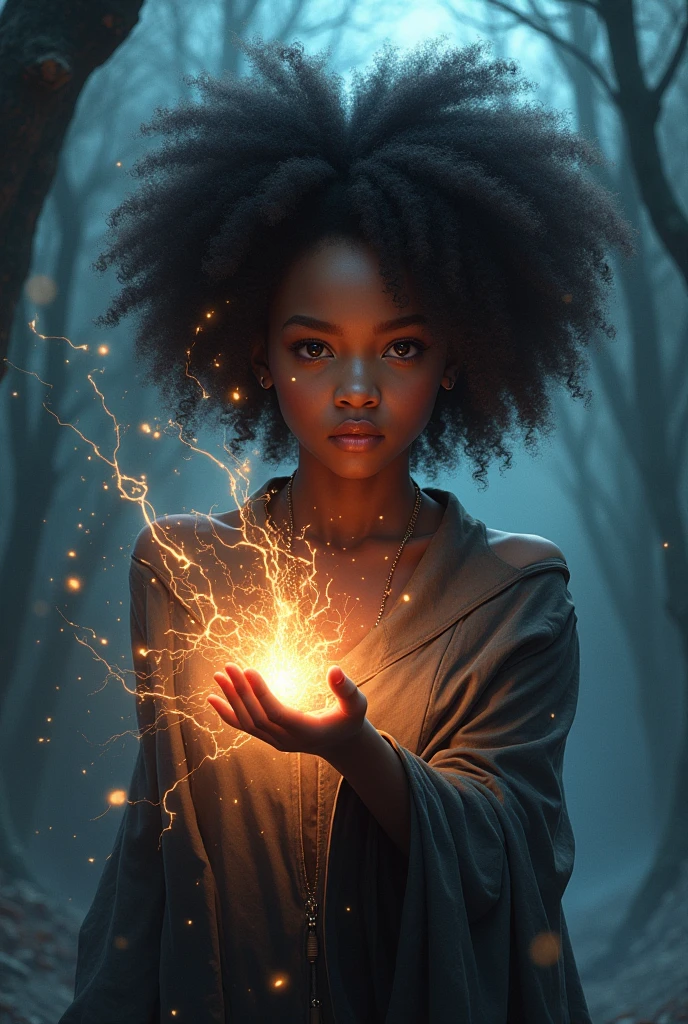 Young girl of 24 with afro hair , light skin with the powers of raven and klaus