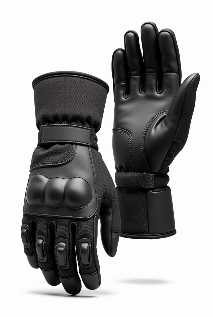 Design a pair of mechanic gloves, showcasing both front and back views on a white background.

Front View: The palm area should feature reinforced padding to withstand wear and tear, with a textured, anti-slip surface for a secure grip during mechanical work. The fingers should be ergonomically designed with articulated segments to provide flexibility and dexterity. The gloves should be made from durable, breathable materials like synthetic leather and spandex to ensure comfort and long-lasting use.

Back View: The back of the gloves should prominently feature a rubber patch, strategically placed over the knuckles and fingers to offer protection against impacts and abrasions. This rubber patch should be designed to enhance both the functionality and style of the gloves. Additional padding can be included for extra protection, and the gloves should have an adjustable wrist closure to ensure a secure, comfortable fit.

Present both the front and back views of the gloves on a plain white background to clearly showcase the rubber patch and the overall design features.