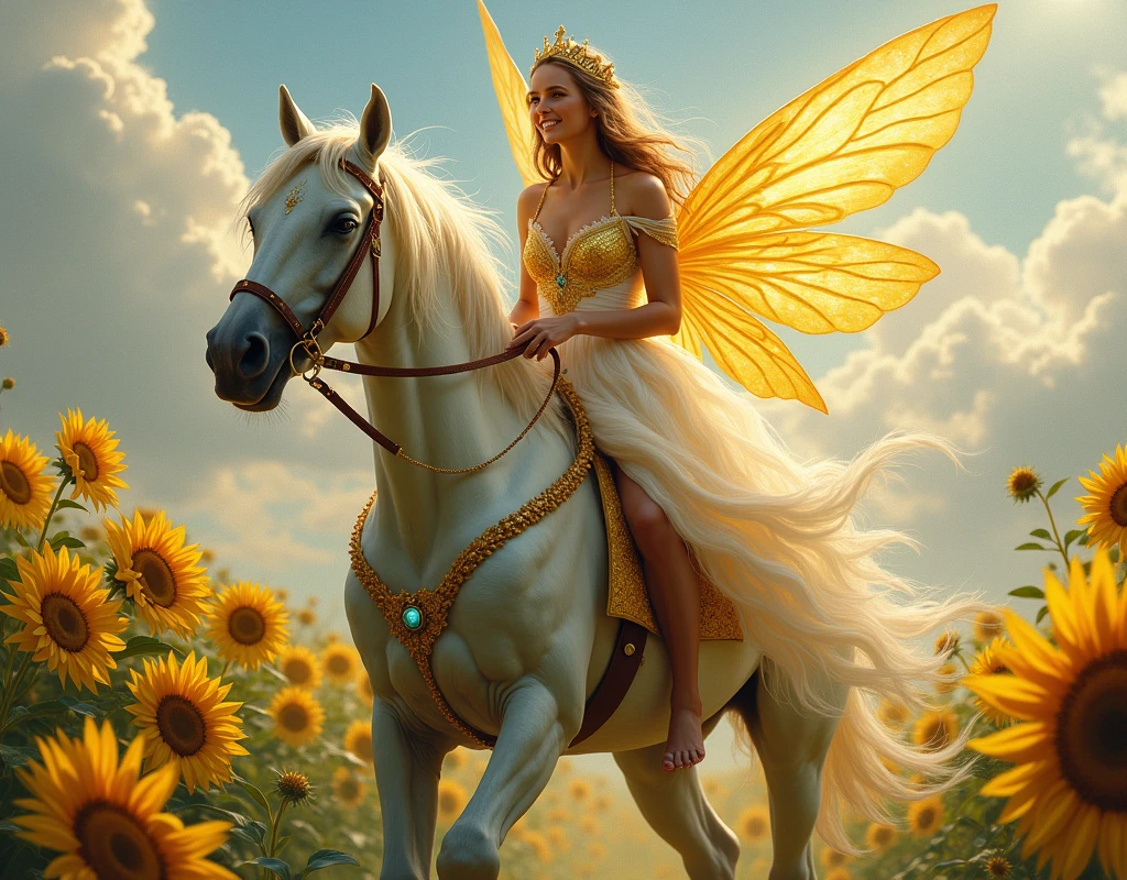 painting of a woman riding a horse with a sunflower in the background, a detailed painting inspired by Michael Cheval, deviantart contest winner, fantasy art, amazing fantasy art, beautiful fantasy painting, smiling as a queen of fairies, breathtaking fantasy art, magali villeneuve', beautiful fantasy art, graphic artist magali villeneuve, queen of the fairies, detailed fantasy art