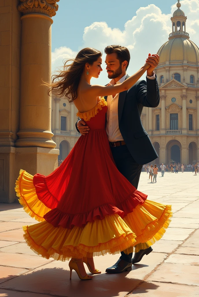 dancing couple in plaza de espana, beaituful nice man and woman, woman wears red yellow flattering dress with ruffles, ccurate, nice hands and fingers, impressionism, romanticism, atmospheric perspective, 8k, super detail, best quality, masterpiece, masterpiece, award winning, best quality, anatomically correct