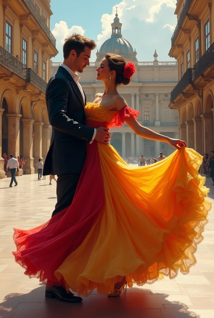 dancing couple in plaza de espana, beaituful nice man and woman, woman wears red yellow flattering dress with ruffles, ccurate, nice hands and fingers, impressionism, romanticism, atmospheric perspective, 8k, super detail, best quality, masterpiece, masterpiece, award winning, best quality, anatomically correct