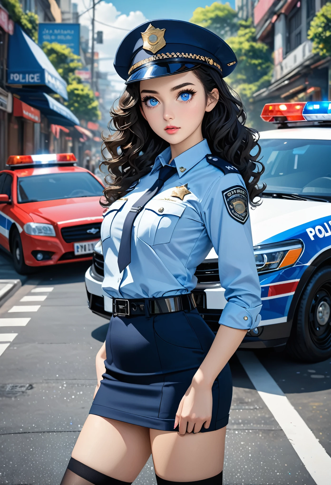 (masterpiece), best quality, expressive eyes, perfect face, policewoman, long hair, blue eyes, black hair, bare hips, medium breasts, parted bangs, short_pencil_skirt, knees,  thighhighs, ((hyper detailed)), ((cowboy shot)), standing, 4k, detailed background, street, ((face focus)), (solo), (curly hair), forehead, police cap, police car, outdoors, arm at hip