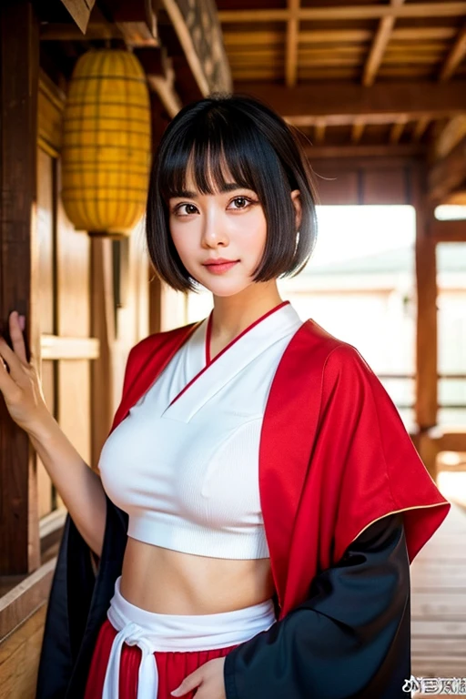 a cool beauty dressed in nontraditional miko outfit with large breasts is standing near a shrine, {{{masterpiece}}}, {{{best quality}}}, {{ultra-detailed}}, {illustration}, {{an extremely delicate and beautiful}}, {{super detailed skin}}, {{perfect anatomy}}, highly detailed face, shiny detailed hair, shiny skin, shiny body, gleaming skin, 1girl, beautiful eyes, athlete, {{slender}}, {{short hair}}, {{pixie cut}}, {{black hair}}, {{hair over one eye}}, {{red eyes}}, {{bushy eyebrows}}, {{tsurime}}, {{long eyelashes}}, large breasts, slim waist, midriff, abs, japanese clothes, solo, miko, nontraditional miko,  shrine, standing