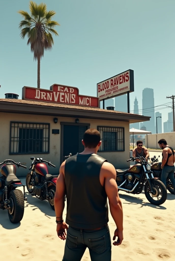Create me an image 16/9th GTA 5 style with not too muscular bikers in completely black leather vests without logos, one of them from behind in front of their bobber style motorcycles with their HQ called Blood Ravens MB on the beach in Los Angeles