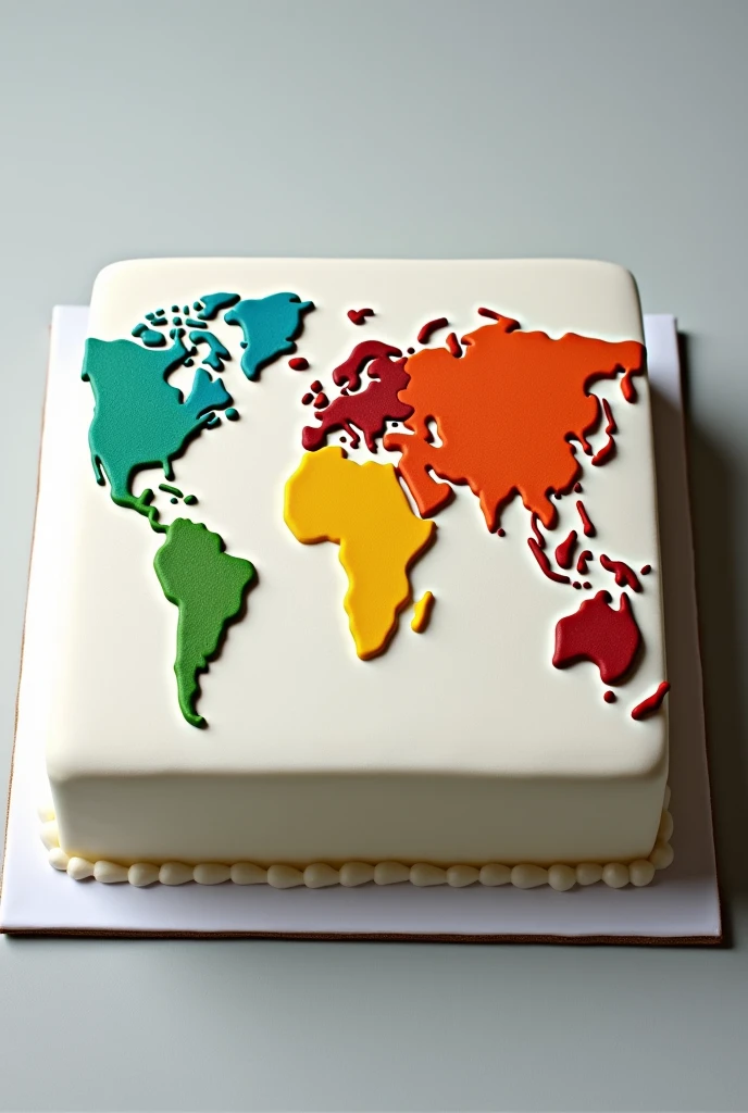square cake representing flat Earth with continents drawn