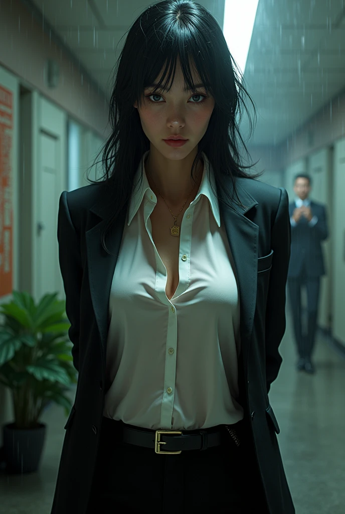 a woman in a suit, belt, hands behind back, sweating, suspenders, black pants, , large breasts, see-through clothing, rain, detective, office worker, white button-up shirt, (best quality,4K,8k,highres,masterpiece:1.2),ultra-detailed,(realistic,photorealistic,photo-realistic:1.37),hyper-detailed,highly detailed face and body, Slender thin suspenders Moderate breasts See-through shirt Nipples holster chain Pistol Armament criminal Female criminal knife beside顔 Japanese women arrested handcuff A woman has her hands tied、put your hands behind your back、(((I clasped my hands behind my back))) beside顔 beside