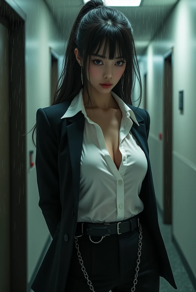 a woman in a suit, belt, hands behind back, sweating, suspenders, black pants, , large breasts, see-through clothing, rain, detective, office worker, white button-up shirt, (best quality,4K,8k,highres,masterpiece:1.2),ultra-detailed,(realistic,photorealistic,photo-realistic:1.37),hyper-detailed,highly detailed face and body, Slender thin suspenders Moderate breasts See-through shirt Nipples holster chain Pistol Armament criminal Female criminal knife beside顔 Japanese women arrested handcuff A woman has her hands tied、put your hands behind your back、(((I clasped my hands behind my back))) beside顔 beside