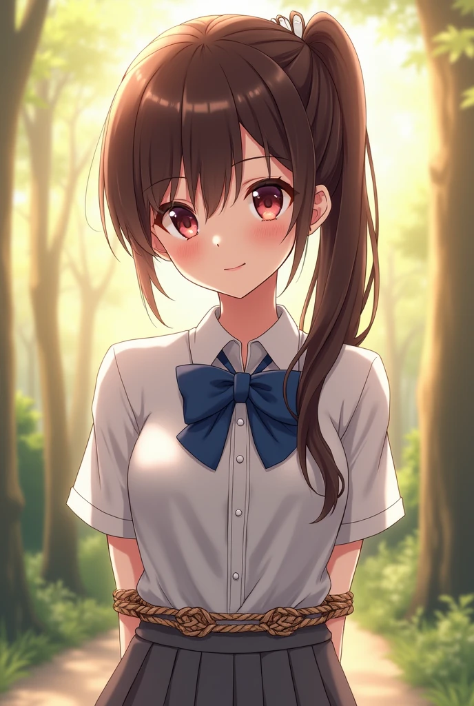 (masterpiece:1.2, top-quality), (realistic, photorealistic:1.4), beautiful illustration, (natural side lighting, movie lighting), nsfw:1.2,
beautiful hair, beautiful face, beautiful detailed eyes, beautiful clavicle, beautiful body, beautiful chest, beautiful thigh, beautiful legs, beautiful hands,
looking at viewer, (from behind), full body, 1 girl, japanese, high school girl, perfect face, perfect eyes, cute and symmetrical face, suntan, shiny skin, white skin, slender,
(long hair:1.5, side ponytail:1.4, brown hair), hair over one eye:1.4, maroon eyes, long eye lasher, (medium breasts),
((collared short sleeve shirt, white shirt, , grey plaid pleated skirt, blue plaid bow tie), wrist chakra), white panties,
(((shibari over clothes, arms behind back)), bondage, shibari:1.5, bound arms, bound breasts),
(beautiful scenery), daytime, (standing), (lovely smile, upper eyes),