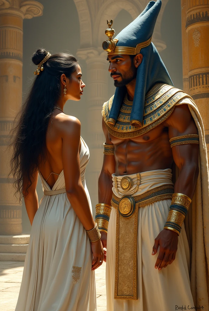 A brave women standing in front of a pharaoh, she is covered in white dress, 
