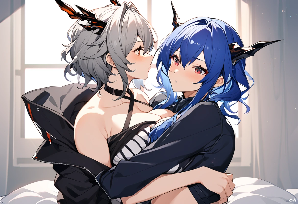 Two milf hugging each other romantically,Ch'en and Talulah(from Arknights,Ch'en has a blue hair while Taluah has a grey hair),nsfw,curvy body