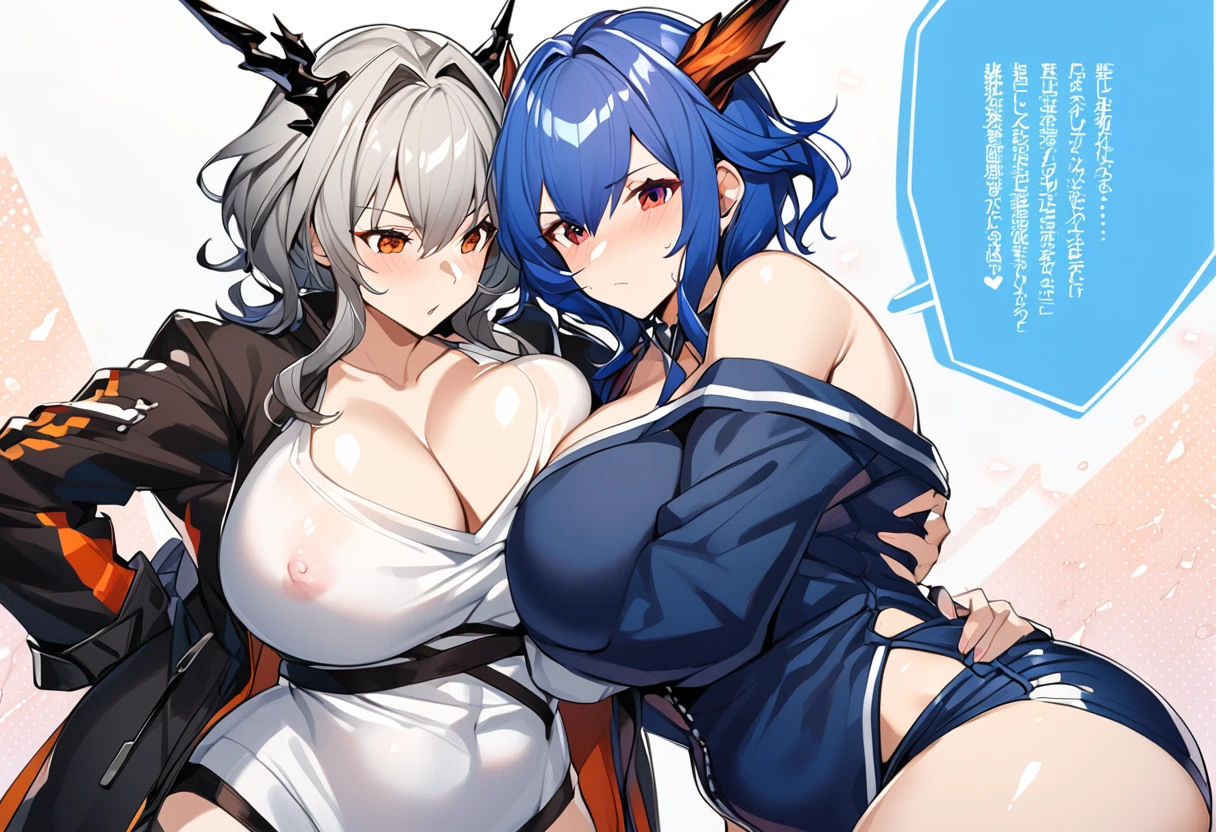 Two milf hugging each other romantically,Ch'en and Talulah(from Arknights,Ch'en has a blue hair while Taluah has a grey hair),nsfw,curvy body