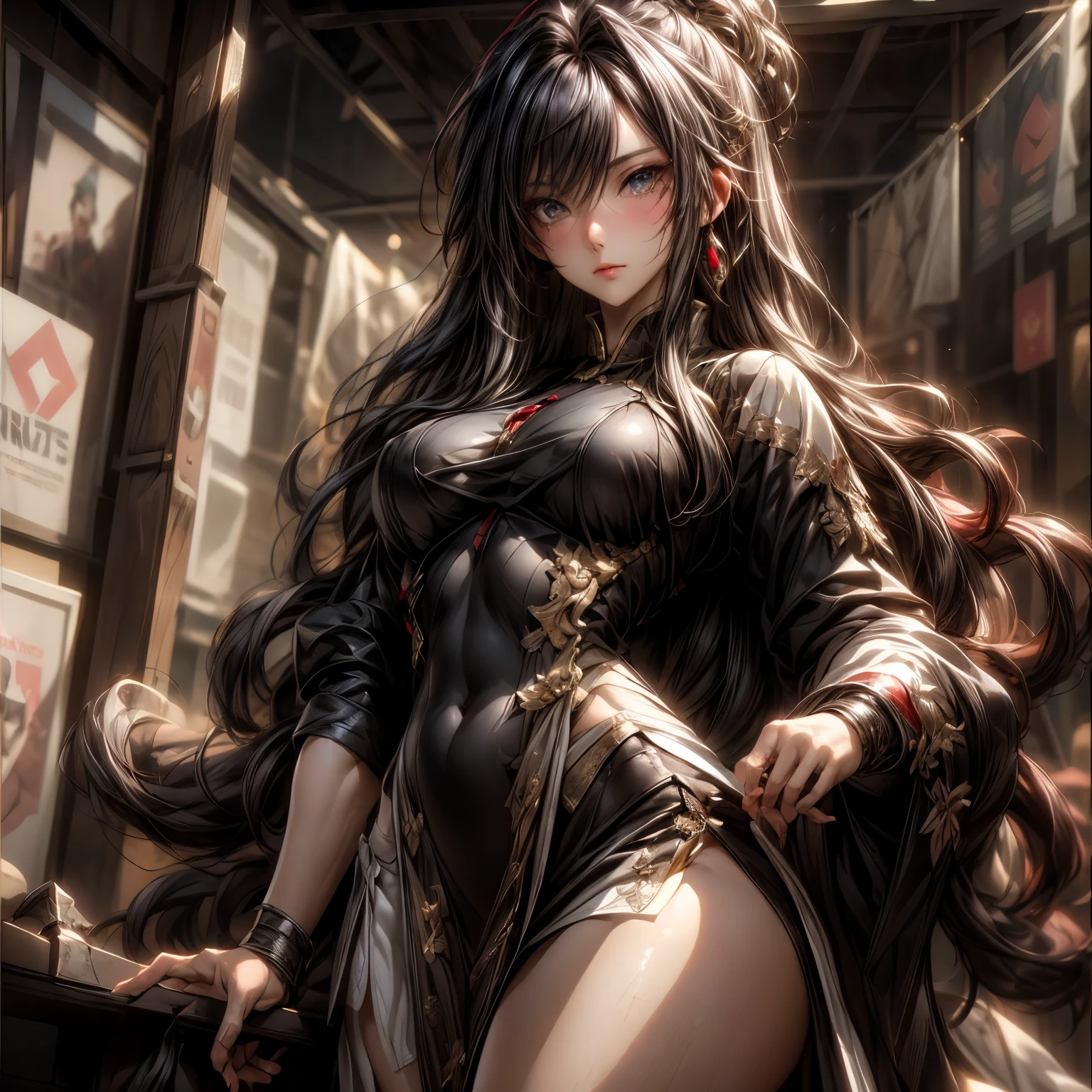 (best quality)), ((Masterpiece)), (details:1.4), 3d, HDR (high dynamic range), an image of a beautiful cyberpunk female, fantasy, medieval, Cyberpunk, Red hair, Curtain Bangs, Beautiful White eyes, จมูกโด่ง, ปากแดง, หน้าอกใหญ่, nvidia RTX, PBR surface, After processing, Anisotropic filtration,depth of field, Maximum clarity and clarity, multi-layered surface, Subsurface scattering, perfect proportions, 8K raw files, ultra detailed, Perfect proportions, volumetric lighting, soft lighting, Holy Paldin, Heavy Golden Armor, black dress, intricate Silver embroidery, glossy skin, Bed room Background, jewely, ต่างหู, นิ้วมือสมบูรณ์, mini white skirt,