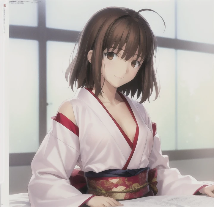High resolution, Anatomically correct, Shortcuts, bangs, Brown Hair, Bedhead, Small breasts, smile, Background blur, Anime Style, Japanese illustration style,