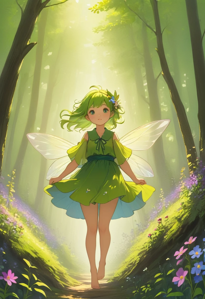 Forest Fairy,Mysterious, small and cute,wood々In the thick forest,光に包まれた幾人もの妖精がwoodの枝に座っている,flying,Barefoot,Mysterious Mysterious,Vibrant wildflowers blooming in the forest,Fantasy,Exquisite atmosphere,Masterpiece,Highest quality,Detailed anime art,Digital Art,