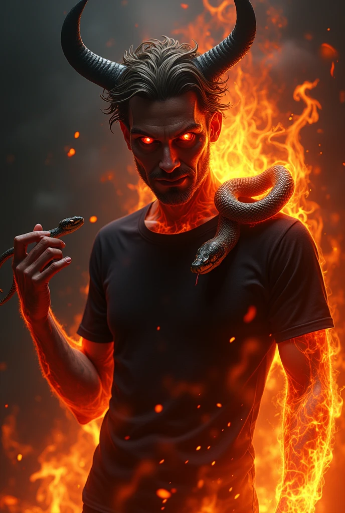Snake in hand and fire on human body black t shirt red eyes face devil
