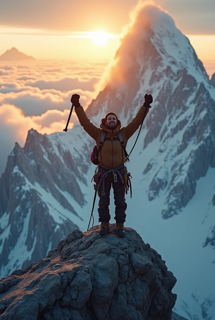 Climber on a Mountain Peak: A lone climber reaches the summit of a towering mountain, the sun rising behind them, casting a golden glow over the rugged terrain. The image captures the essence of perseverance and achievement.