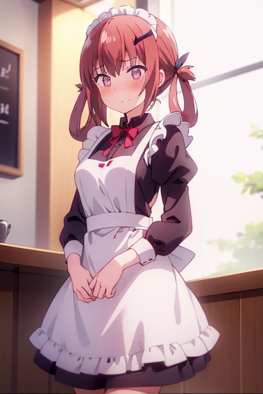 One girl, Blushing, Cowboy Shot, Coffee shop,Kurumizawa，Maid clothes