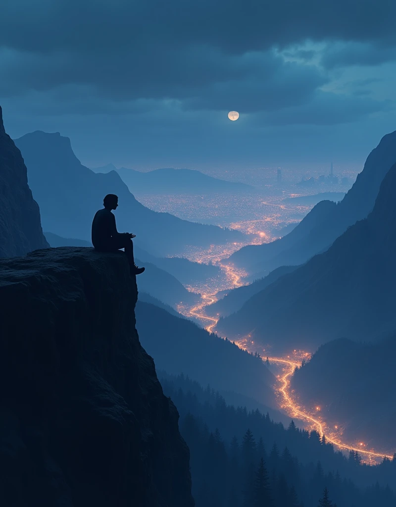 i made a slowed and reverb song can you generate a 3d animated thambnail for it a person sit on a side of mountain and in a background big building city and city glow in a night time
