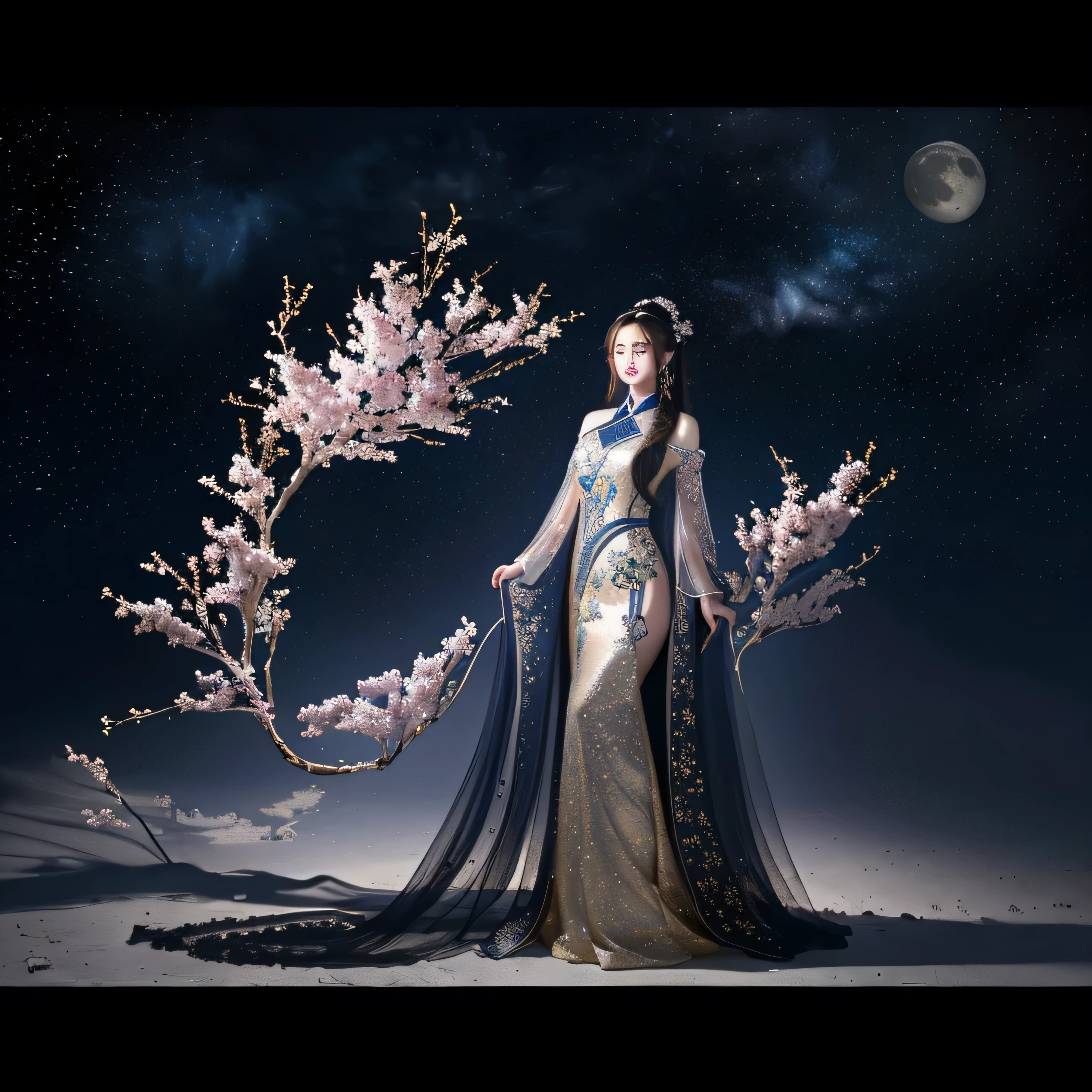 best quality, masterpiece, Ultra-high resolution, Surrealism,moon,Dissatisfied with the long dress of the stars,Long hair beauty,Ultra HD,OC Rendering,Chinese style