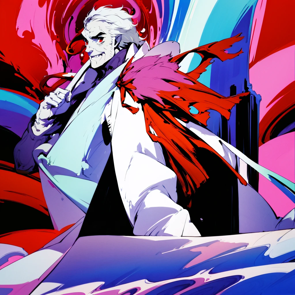 1man, vampire, handsome, pale grey skin, prominent muscular body, seems longer fangs, smile, shining red eyes, Art Nouveau Style, wearing Nouveau Suitcoat paired in Psychedelic shoulders robe and covered up, nouveau-psychedelic background, hd, high quality, realistic-style, ultra-realistic, hyperrealistic, closer distance face, closer distance head, his distance pressing against me, 8k resolution