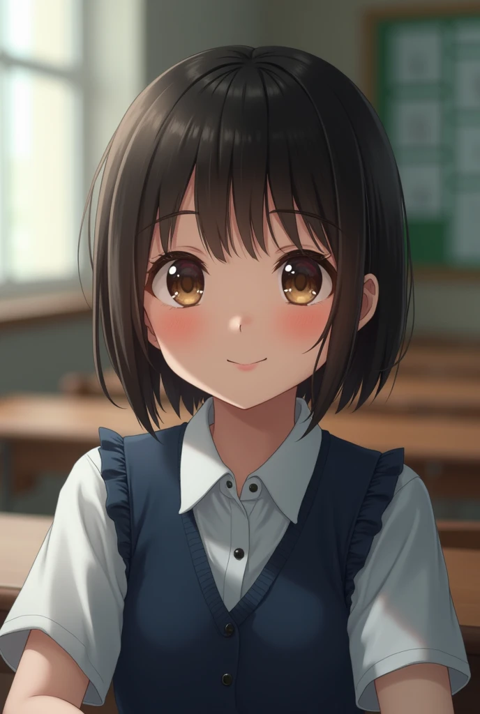 best quality, face focus, soft light, ultra high res, (photorealistic:1.4), RAW photo, 1japanese girl, solo, cute, (shy smile:0.5), (brown eyes, lights in the eyes), detailed beautiful face, (small chest),(high resolution detail of human skin texture), (short bob hair), BREAK, in classroom,navy school uniform, vest, skirt
