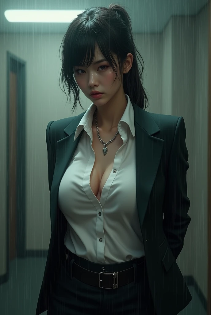 a woman in a suit, belt, hands behind back, sweating, suspenders, black pants, , large breasts, see-through clothing, rain, detective, office worker, white button-up shirt, (best quality,4K,8k,highres,masterpiece:1.2),ultra-detailed,(realistic,photorealistic,photo-realistic:1.37),hyper-detailed,highly detailed face and body, Slender thin suspenders Moderate breasts See-through shirt Nipples holster chain Pistol Armament criminal Female criminal knife beside顔 Japanese women arrested handcuff A woman has her hands tied、put your hands behind your back、(((I clasped my hands behind my back))) beside顔 beside