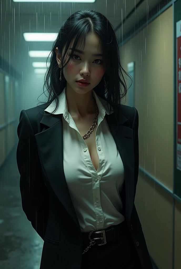 a woman in a suit, belt, hands behind back, sweating, suspenders, black pants, , large breasts, see-through clothing, rain, detective, office worker, white button-up shirt, (best quality,4K,8k,highres,masterpiece:1.2),ultra-detailed,(realistic,photorealistic,photo-realistic:1.37),hyper-detailed,highly detailed face and body, Slender　thin　suspenders　Moderate breasts　See-through shirt　Nipples　holster　chain　Pistol　Armament　criminal　Female criminal　knife　　beside顔　Japanese women　arrested handcuff A woman has her hands tied、put your hands behind your back、(((I clasped my hands behind my back))) beside顔　beside
