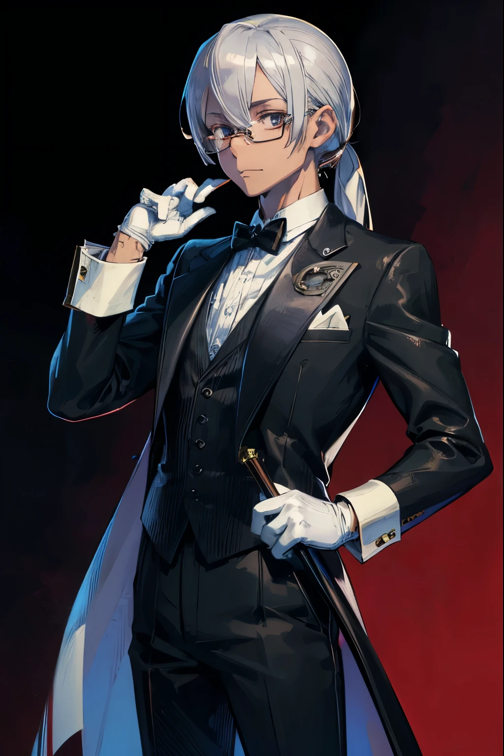 Highest quality, masterpiece, Ultra-high resolution, One Man,Hosomi,Silver Hair,Brown Skin,Her hair is tied back,Black Band,glasses,Butler,White gloves,Tuxedo,